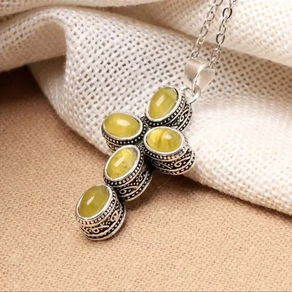 New Artisan Crafted Tanzanian Natural Canary Opal Cross Sterling Silver 2.00ct - Picture 2 of 9